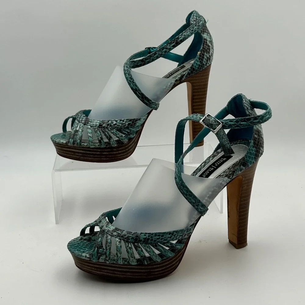 White House Black‎ Market Emilia Sandals Womens 7.5M Teal Snakeskin Platform Y2K